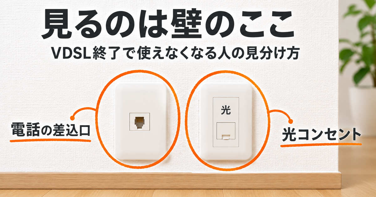 壁に並んだ電話の差込口と光コンセントを丸印で示し、VDSL終了の対象を見分けるポイントを説明した画像