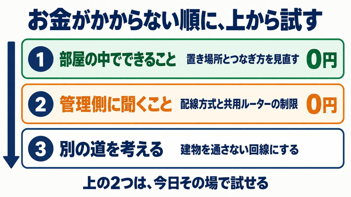 お金がかからない順に、上から試す